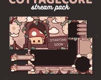 Paquete Cottagecore Mushroom Stream / Pantallas animadas, Superposiciones personalizables, Alertas estáticas, Banner, Sin conexión, Paneles, Transición / TWITCH