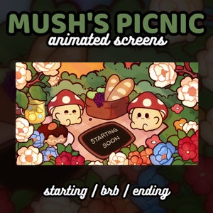 3x Animated Kawaii Mushroom Picnic Twitch Screens | Starting Soon, Be Right Back, Ending Soon