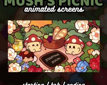 3 geanimeerde kawaii-paddenstoelenpicknick Twitch-schermen | Binnenkort beginnen, zo terug zijn, binnenkort eindigen