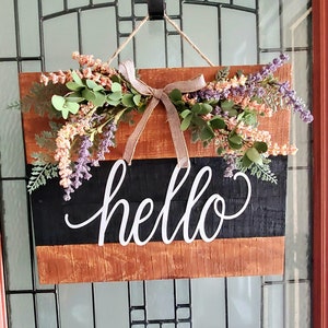Hello Door Hanging Sign | welcome wreath floral greenery wood black circle welcome gift