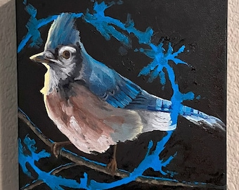 Blue Jay Oil Painting: Abstract Bird Art on Canvas (10x10x2in)