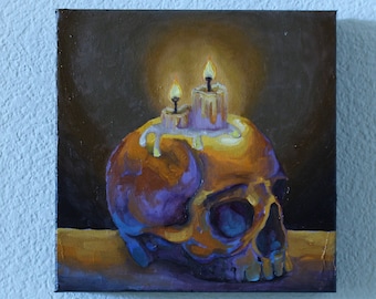 Candle Lit Skull Oil Painting: Original Horror Artwork (10x10x2)