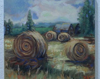 Hay Stacks 12x12in oil painting on stretched canvas landscape painting