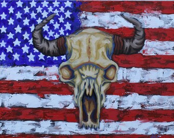 Rustic American Flag Bison Skull Oil Painting - Western Patriotic Art 16x20in