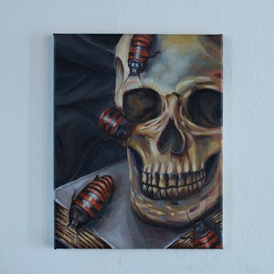 Skull and Roaches Oil Painting: Dark Art on Canvas (11x14in)