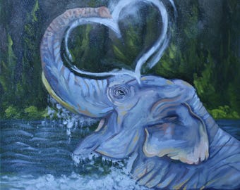 Elephant Oil Painting on Canvas: Whimsical Wildlife Art, 18x18in