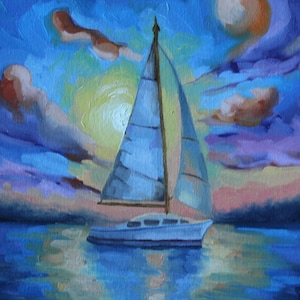 Sailboat at Sunset Painting 12x12in on canvas board – Nautical Wall Art, Ocean Seascape Acrylic, Coastal Decor, Sailing Boat Canvas Artwork