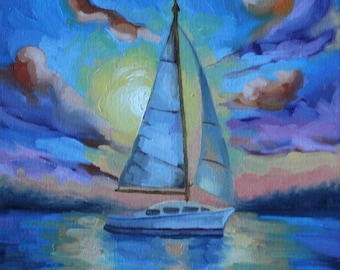 Sailboat at Sunrise Oil Painting: Nautical Seascape Canvas Art