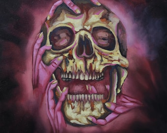 Surreal Skull Oil Painting: Macabre Gothic Art, 16x16 Canvas