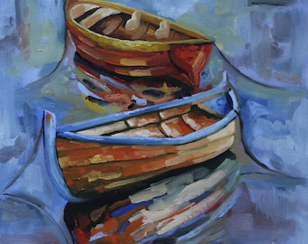 Rowboat Oil Painting: Coastal Lake Canvas Artwork (11x14in)