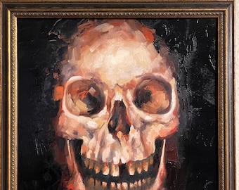 Original Skull Oil Painting: Dark Art Skeleton on Canvas (12x12in)