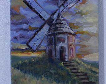 Windmill Landscape painting 11x14in on stretched canvas