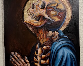 Praying Skeleton Oil Painting – Gothic Horror Artwork, 16x20in Stretched Canvas