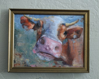 Happy Cow Oil Painting: Abstract Animal Artwork, Framed Linen Panel (9x12in)