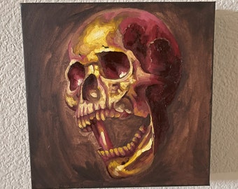 Screaming Skull Oil Painting: Dark Horror Art on Canvas (10x10in)