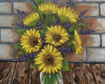 Sunflower Bouquet Oil Painting: Original Floral Still Life Artwork (16x16in)