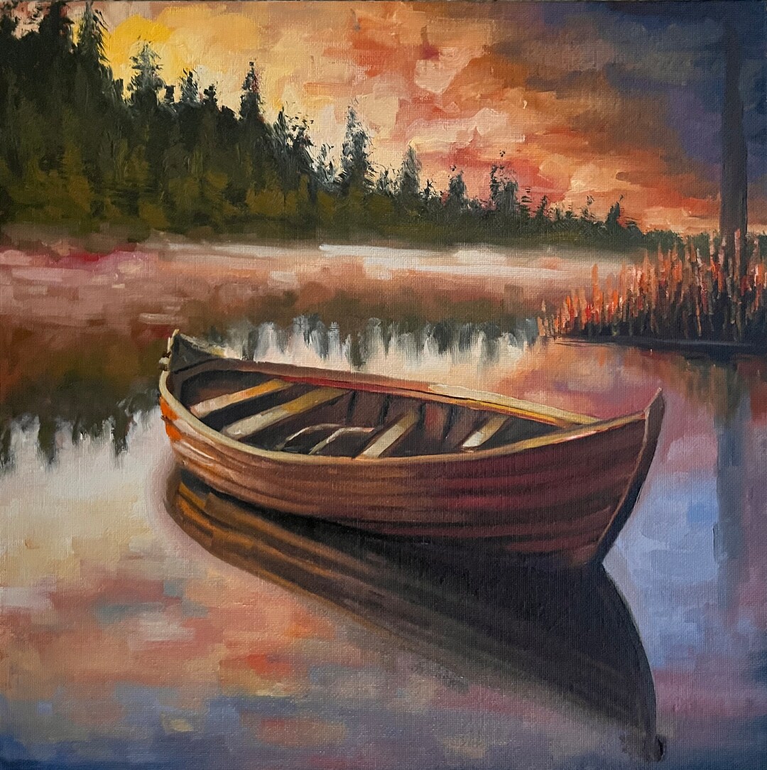 Lake Sunset Oil Painting: Boat on Canvas Panel (11x14x1in) - Etsy