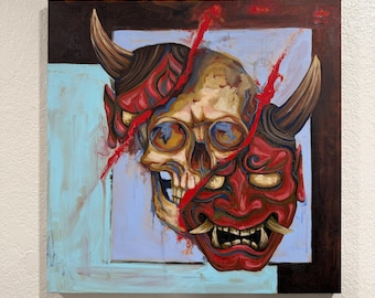 Skull Oni Mask 18x18in Oil Painting on stretched canvas original artwork by Robert Cisneroz