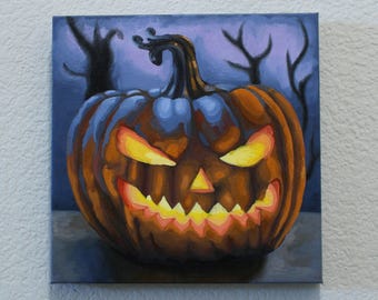 Halloween Pumpkin Oil Painting: Scary Smiling Jack-o'-Lantern Art (10x10in)