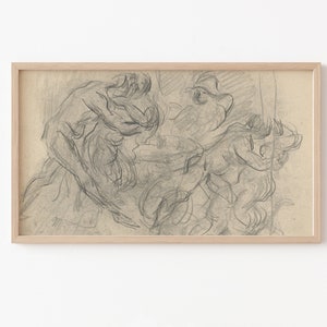 Könnte beinhalten: Eine gerahmte Schwarzweiß-Bleistiftzeichnung einer Gruppe von Figuren in einer dynamischen Pose. Die Figuren sind in einem lockeren, expressiven Stil gezeichnet, mit Fokus auf Bewegung und Gestik.