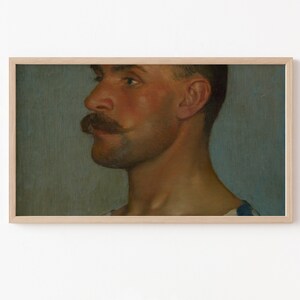 Frame TV Art File, Frame TV Art, Vintage Portret, Vintage Olieverfschilderij, Man met blauwe achtergrond, Moody, Neutraal