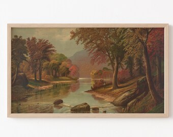 May include: A vintage painting depicting a river scene with autumn foliage. The river winds through a forest with trees in shades of red, orange, yellow, and green. The water is calm and reflective, with a few rocks visible in the foreground.