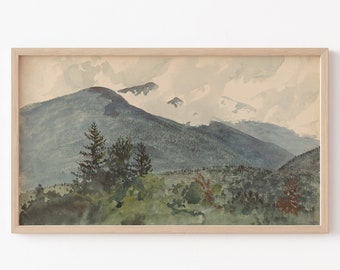 Rahmen TV Kunst Datei, Rahmen TV Kunst, Vintage Berglandschaft, Vintage Aquarell, Neutral, Blau & Grün, Bauernhaus