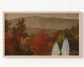 Archivo de arte de TV de marco, Arte de TV de marco de Halloween, Arte fantasma, Decoración de fantasmas de Halloween, Halloween neutro, Arte de otoño, Paisaje vintage