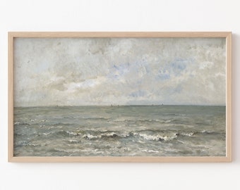 May include: A framed painting of a seascape with a cloudy sky and choppy waves. The painting is in shades of gray and blue.