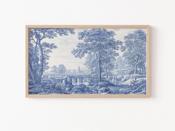 Frame TV Art File, Frame TV Art File, Italian Landscape, Vintage Landscape, Blue and White, Vintage Print, Instant Digital Download