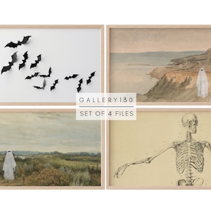 May include: Set of four Halloween-themed printable art prints. The first print features a white background with black bats flying. The second print shows a seascape with a cliff and three white ghosts. The third print shows a landscape with two white ghosts. The fourth print shows a vintage anatomical illustration of a human skeleton.