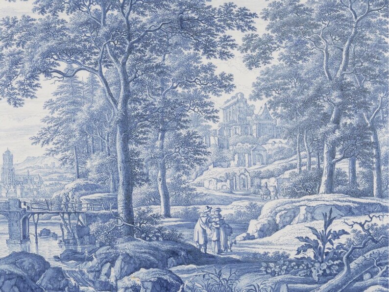 K&ouml;nnte beinhalten: Eine blaue und wei&szlig;e Vintage-Illustration einer Landschaft mit einem Fluss, einer Br&uuml;cke, B&auml;umen und einem Geb&auml;ude im Hintergrund. Die Szene erinnert an eine l&auml;ndliche Umgebung.