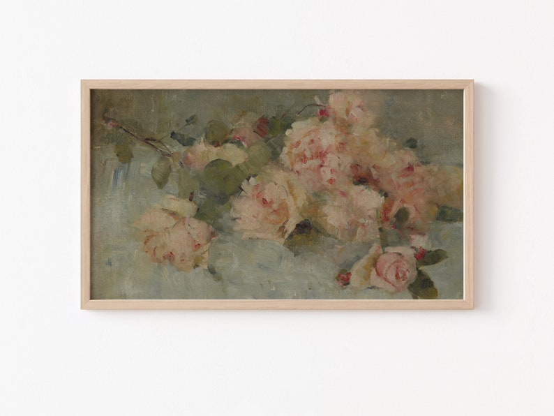 Frame TV Art File Frame TV Vintage Oil Painting Pink Roses Etsy
