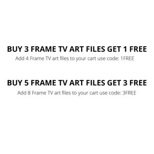 K&ouml;nnte beinhalten: Textbasierte Grafik mit einem Angebot f&uuml;r 3 kaufen und 1 gratis erhalten f&uuml;r TV-Kunstdateien. F&uuml;gen Sie 4 Dateien Ihrem Warenkorb hinzu und verwenden Sie den Code 1FREE.  Enth&auml;lt auch ein Angebot f&uuml;r 5 kaufen und 3 gratis erhalten f&uuml;r TV-Kunstdateien. F&uuml;gen Sie 8 Dateien Ihrem Warenkorb hinzu und verwenden Sie den Code 3FREE.