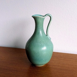 Gunnar Nylund Rörstrand - Vintage VASE w Handle Light JADE Green Turquoise Spotted Hare Fur Glazed MCM Sweden 1950s Excellent 17 cm Signed