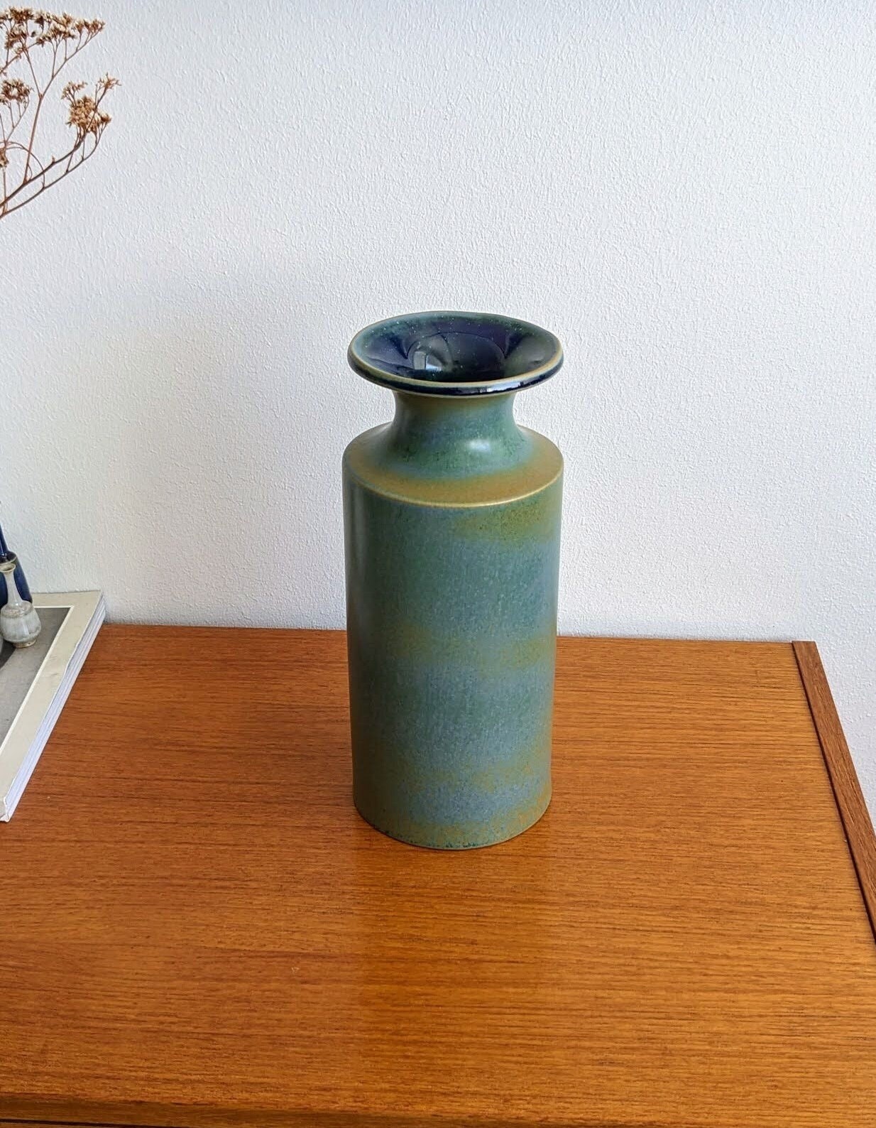 Gustavsberg Britt-Louise Sundell - Vintage Grande Brillante AZUL Verde Beige Mate Haresfur Degradado VASE - Suecia MCM Suecia 24 cm