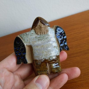 Lisa Larson Miniatyr Fisherman miniature figurine Gustavsberg BLUE black brown glaze 1960s Vintage 7 cm