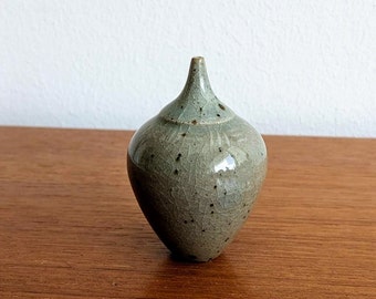 Vintage Rås Häggtoft Höganäs Keramik - Miniatur Glänzend Gepunktete Blau Grün Graue Bronze Klassische Vase - Signiert Ausgezeichnet 7 cm Signiert