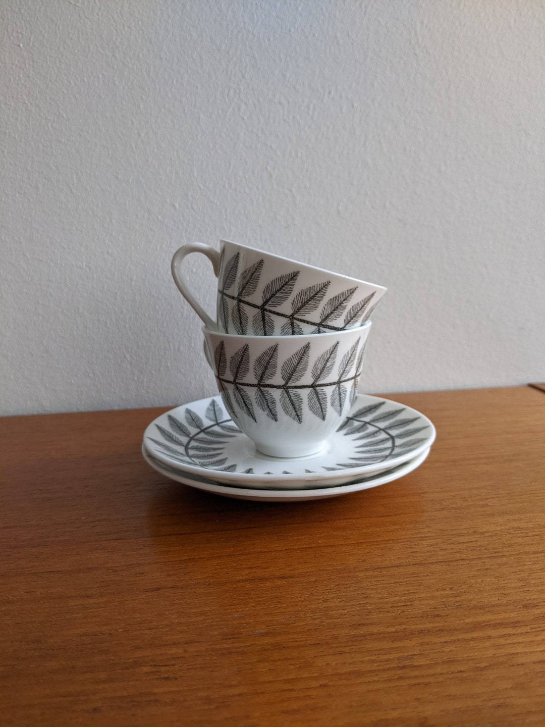 Pair Stig Lindberg Maxim Coffee Set Leaves Decor Mocca Cups Saucers ...