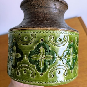 Vaso Aldo Londi - Verde-oliva vibrante, textura chamotte, padrão Carta Fiorentina, vintage de meados do século, Bitossi, italiano, moderno, década de 1970, excelente