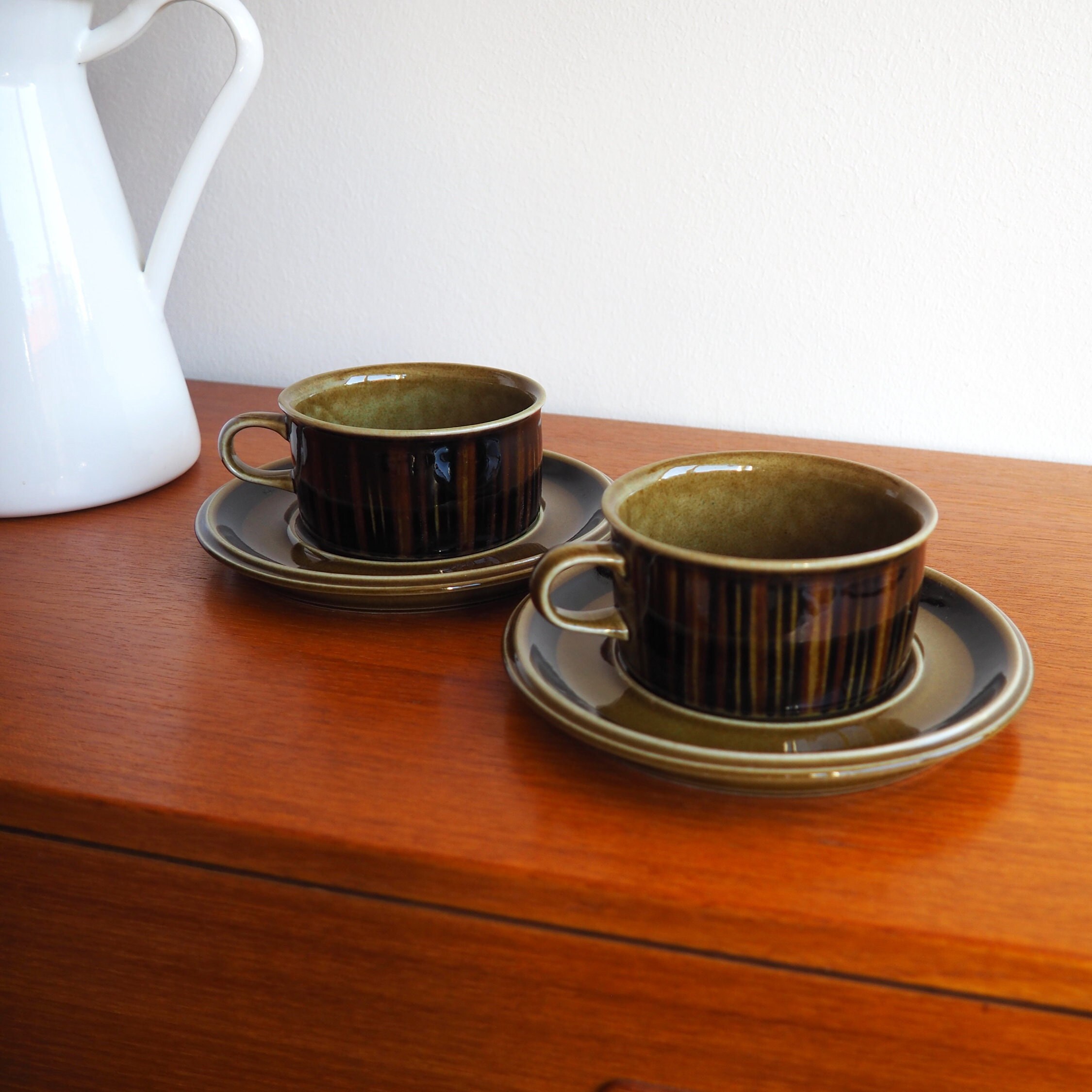 Pair Vintage Arabia KOSMOS Tea Cup and Saucer Olive Green Pair Vintage Arabia KOSMOS Tea Cup and Saucer Olive Green