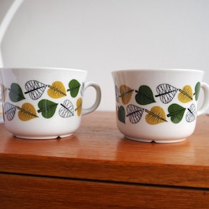 Vintage Berit Ternell Pair of Bladranka Series Tea Cups Only - Green & Gold Leaves- Upsala Ekeby Gefle - Mid-Century Swedish Excellent 2 pcs