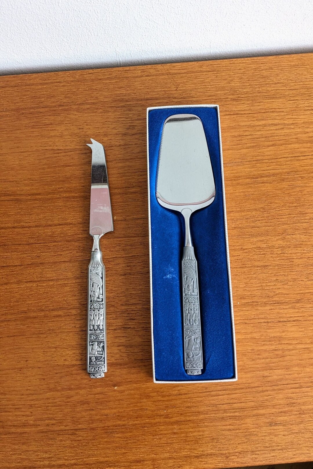 Vintage Pair Konge Tinn Cake Server Spatula Spade Boxed & Cheese Knife Norwegian Pewter Flatware