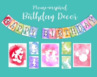 Watercolor Mouse Birthday Party Decor, Posters & Banner (Digital Download)
