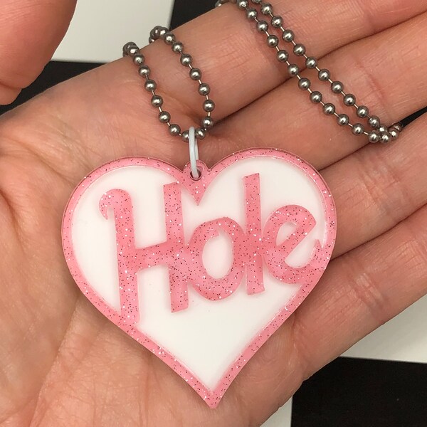 Hole Band Necklace - Courtney Love 90’s Grunge jewelry - Pink glitter acrylic heart