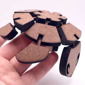 Op de afbeelding: Een houten schildpad speelgoed gemaakt van meerdere stukken die kunnen worden geassembleerd en gedemonteerd. De schildpad is bruin en heeft een zwarte omtrek.