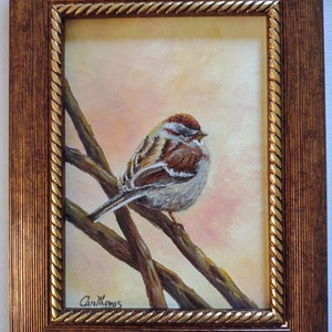 Original sparrow oil painting, small framed bird painting, wall art, wildlife art gift, nature themed decor,bird lovers gift