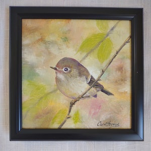 Original mini oil painting, kinglet painting, bird painting, framed small painting, wildlife painting, nature art, gift art, friend gift