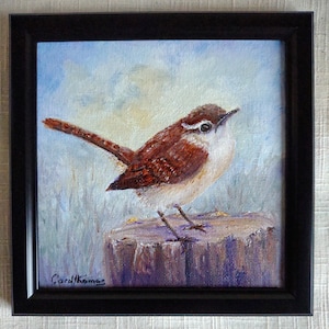 Original mini oil painting, wren bird painting, small framed painting, gift art, wildlife painting, nature art gift, house gift, friend gift
