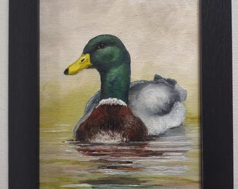 Original mallard duck oil painting, hand painted framed 5x7 on canvas, waterfowl bird art